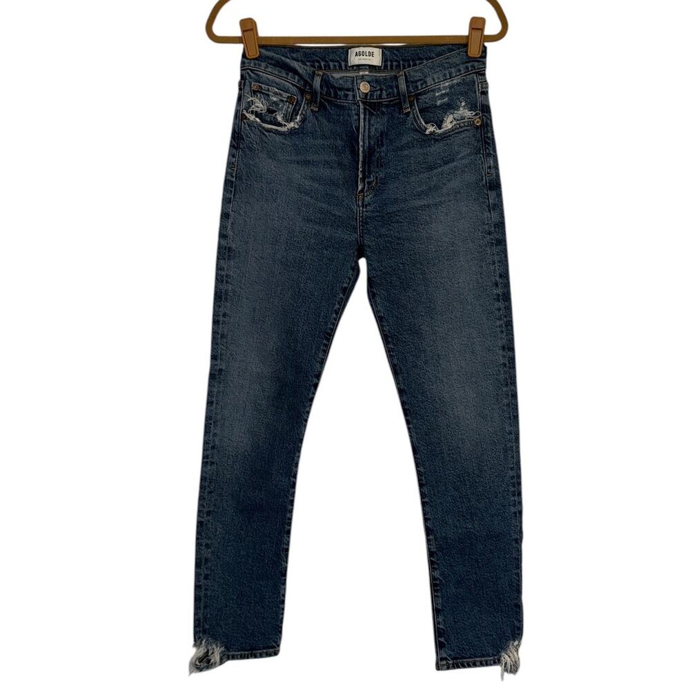 Agolde Dark Blue Denim Toni Mid Rise Straight Ankle Distressed Jeans Size 27